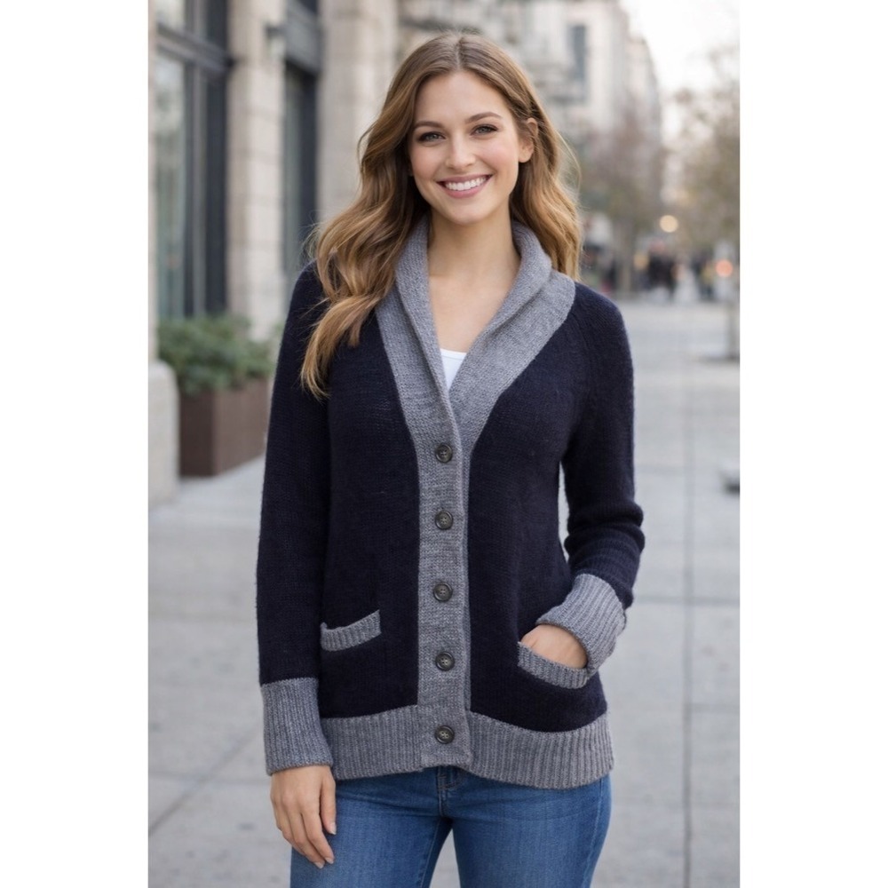 J. CREW Shawl Collar Boyfriend Cardigan Sweater Wool Mohair Navy Blue Gray XS‎